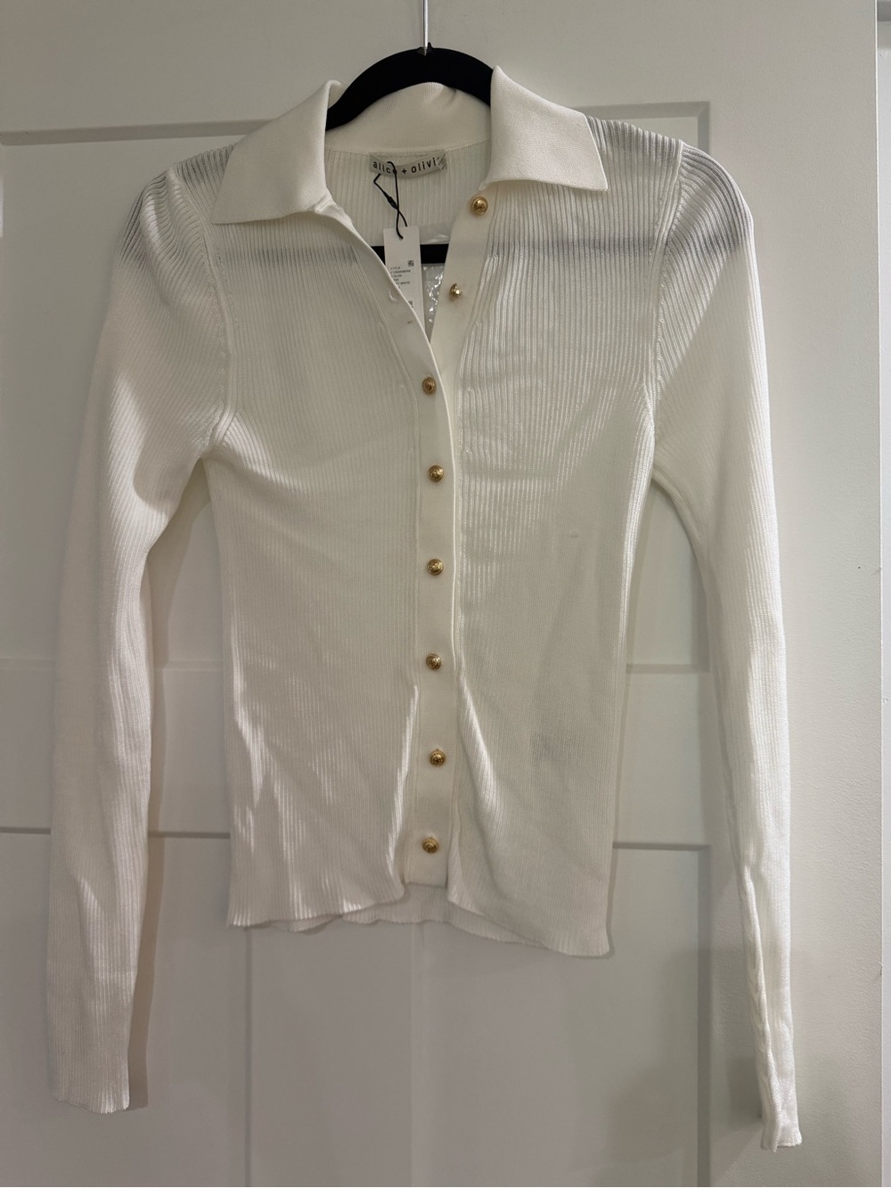 Alice + Olivia Nealie Soft White Ribbed Button-Down Cardigan with Gold Buttons
